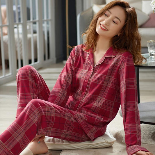 Women's Pajamas Set Plaid Pyjamas Cotton Sleepwear Suit Long Sleeve Shirt Home Wear Autumn Winter Tops and Pants Sets Casual Loose Nightwear