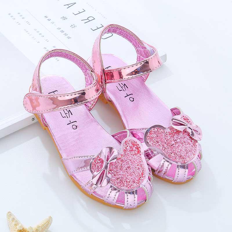 Summer Girls Flat Sandals Flash Children Girls High Heels Bow Leather Shoes Kids Dance Shoes Princess Wear-resistant Non-slip Sandals Size 21-36