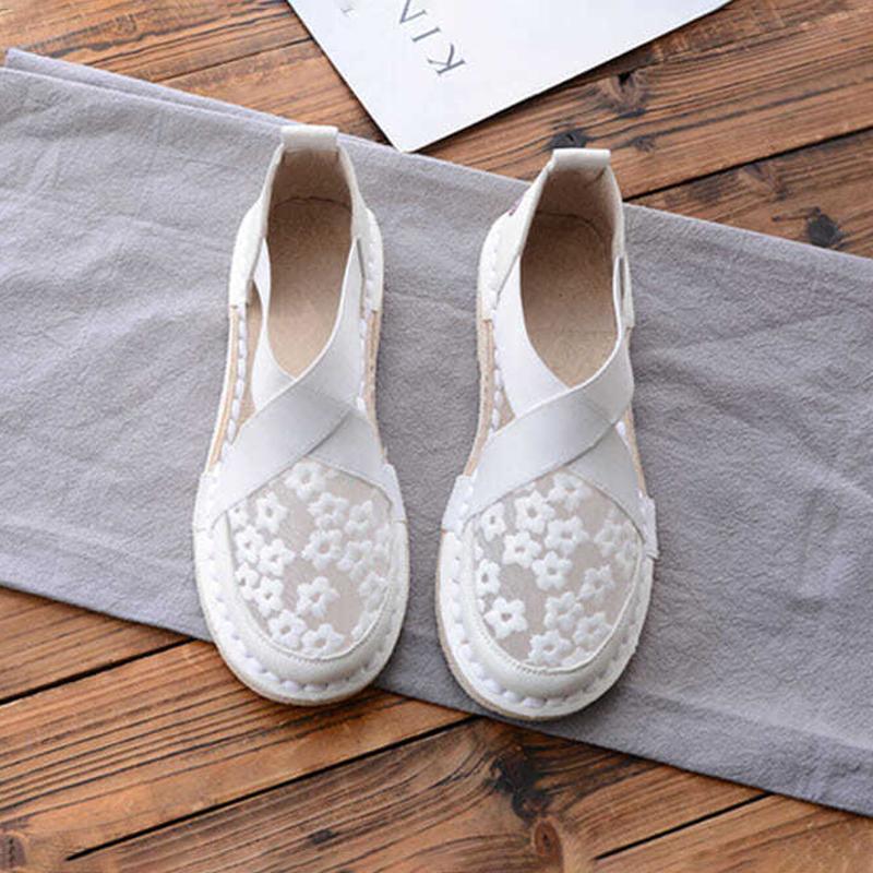 Ladies Casual Flat Loafers Ladies Knitted Embroidery Hollow Casual Sandals Flat Soft Leather Toe Cap Sandals Comfortable and Lightweight