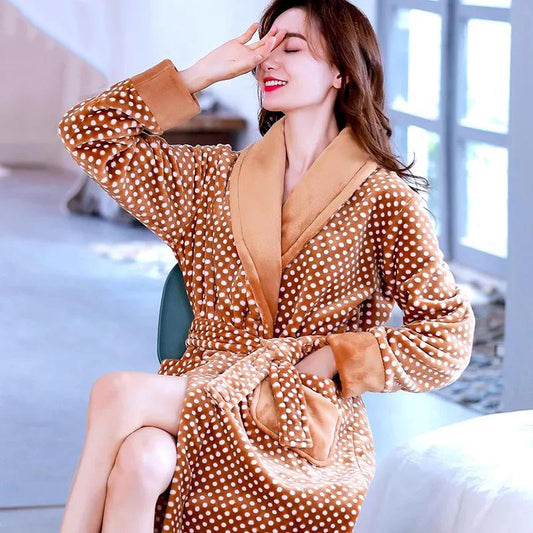 Women's Autumn Winter Thickened Coral Fleece Nightgown Robe Long Sleeves Flannel Bathrobe Plus Fleece Nightgown Large Size Bathrobe Sleeping Suit