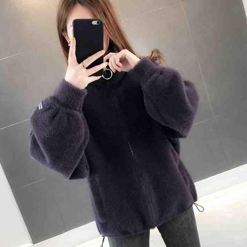 Autumn and Winter Mohair Loose Coat Short Knit Cardigan Tops Solid Color High Neck Women's Coat