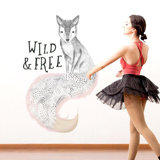 Sketch fox cartoon wall sticker decoration PVC removable dancing girls wild free red fox wallpaper