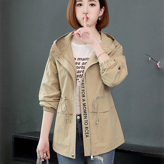 Double Layer Lining Windbreaker Women's Spring and Autumn Style Waist Loose Casual Hooded Raincoat Jacket