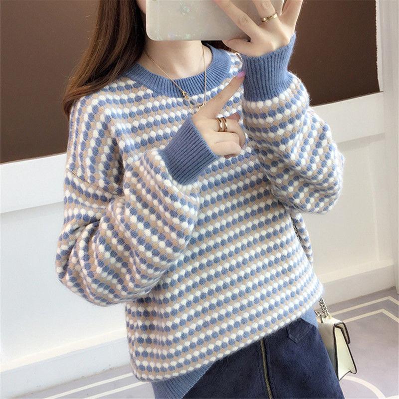 Winter striped sweater contrast women's Crew neck pullover loose  Plus Size  loose Knit Sweater warm