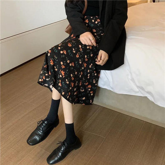 Corduroy Skirt Female Autumn and Winter Long Floral A-line Skirt Ins Super Fairy Thin Student Loose Long Skirt