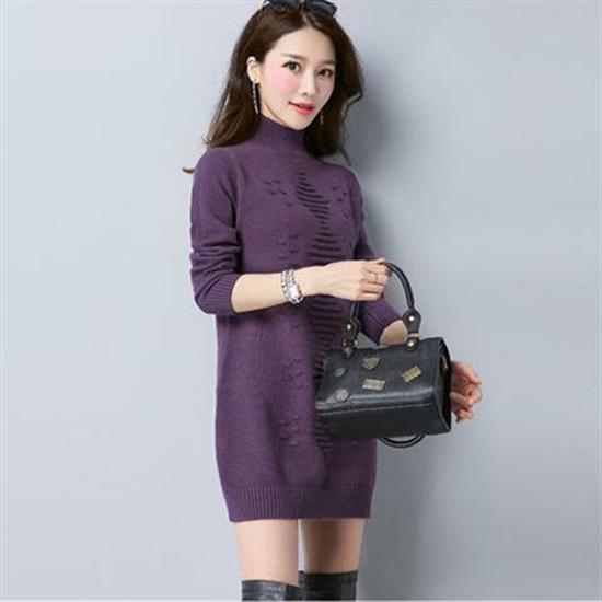 Women Winter Fall Turtleneck Knitwears Dresses Long Knitted Solid Color Sweater Skirt Thick