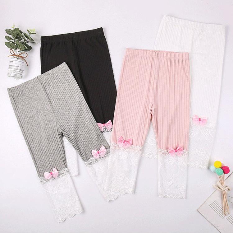 Girls' Leggings Children's Spring and Autumn Thin Lace Hollow Bow Korean Solid Color Capris Elastic Pants