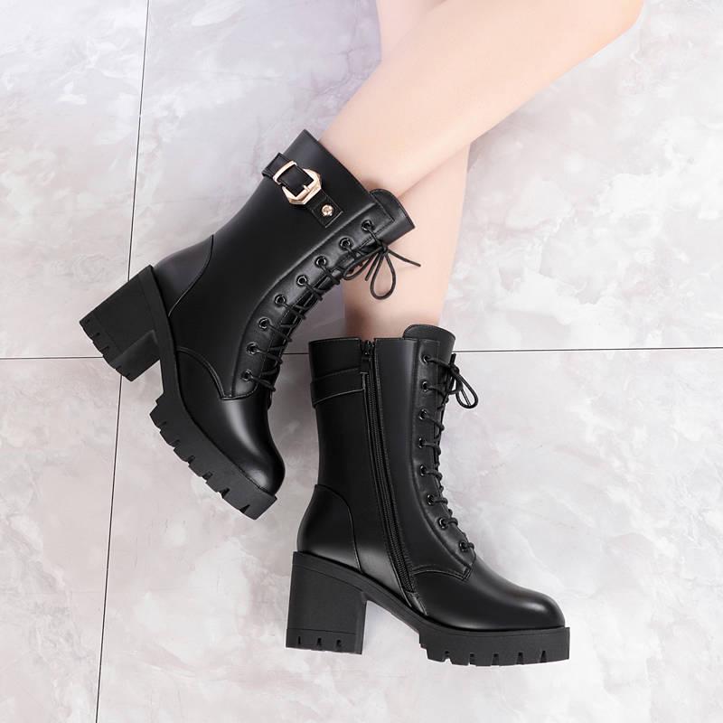 Boots Women Shoes Autumn Winter Fur Snow Boots Fashion Round Toe Lace-up Leather Boots Ladies Shoes