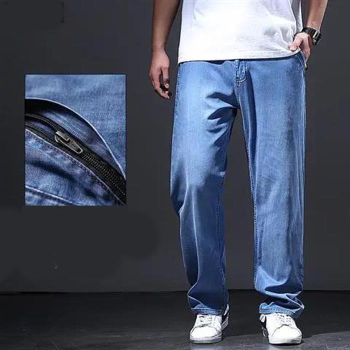 Summer Ice Silk Slim Jeans Men's Loose Straight Plus Fat Size Ultra-thin Wide-leg Pants