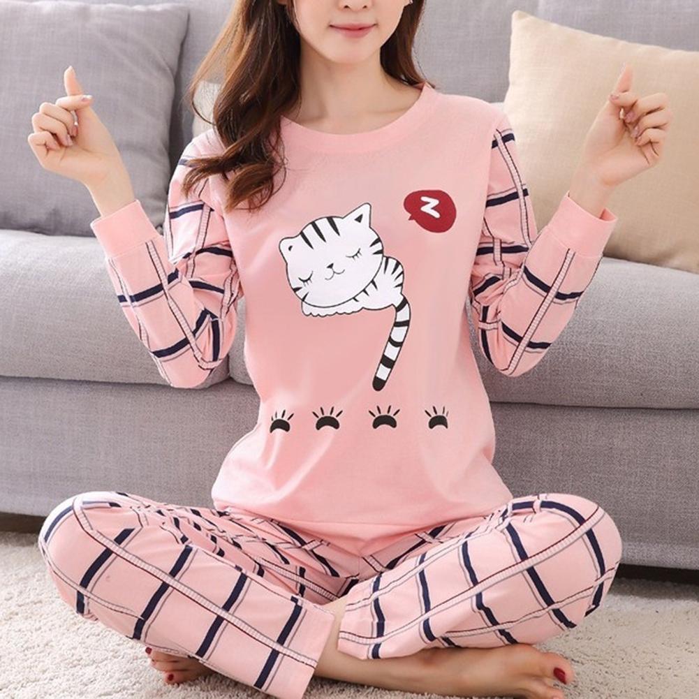 Autumn Winter Cute Cartoon Cat Print Pajamas Set Women Girls Long Sleeve Sleepwear Top and Pants Suit Soft  Pullover O Neck Homewear