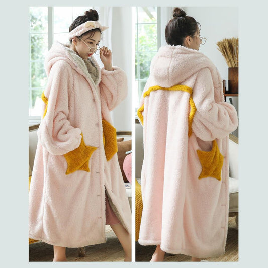 Women Pajamas Autumn Winter Long Thick Velvet Coral Fleece Flannel Sleepwear Warm Cute Nightgown Bathrobe Hooded Home Wear Long Sleeve Casual Loose