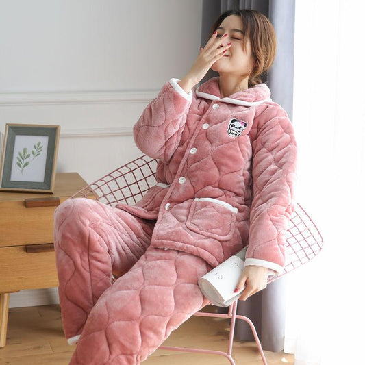 Pajamas Women's Winter Three-layer Thickened Flannel Cute Can Be Worn Outside with Large-size Warm Quilted Home Clothes Soft and Warm