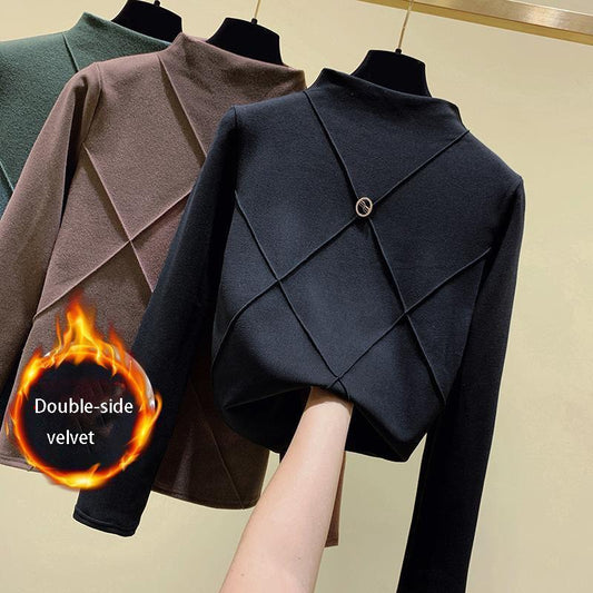 Thickened Double-sided Velvet Bottoming Shirt Women High-neck  Pullover Autumn Winter Warm Long-sleeve Plus Velvet  Base Shirt