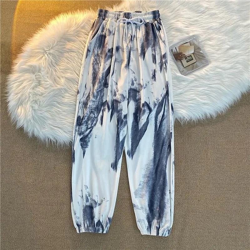 Women Spring Summer Long Pants Vintage High Waist Casual Pants Elastic Waist Loose Versatile Streetwear Tie Dyed Jogger Pants