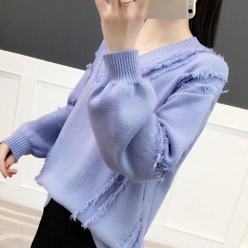 Spring and Autumn V-neck Sweater Pullover Solid Color Long-sleeved Casual Jacket Loose Young Women's Bottoming Shirt