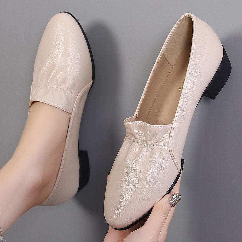 Single Leather Shoes Women's Flat Thick Heel Work Shoes Women's Shoes with Round Toe Soft Sole Mid-heel Work Shoes