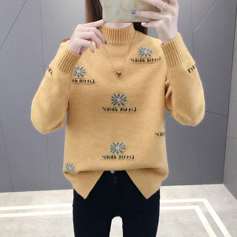 Autumn and Winter Half High Neck Pullover Sweater Loose Jacquard Simple Bottoming Shirt Thick Knitted Women Sweater