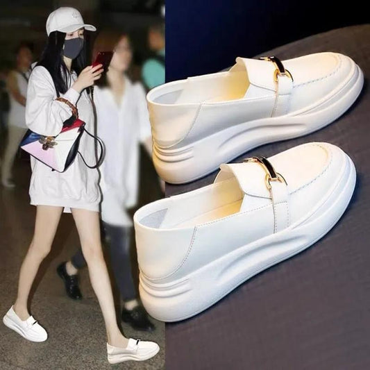 Women's Thick-soled White Shoes Spring and Autumn All-match Pregnant Women Slip-on Shoes Ladies Student Loafers Height Increasing White Shoes