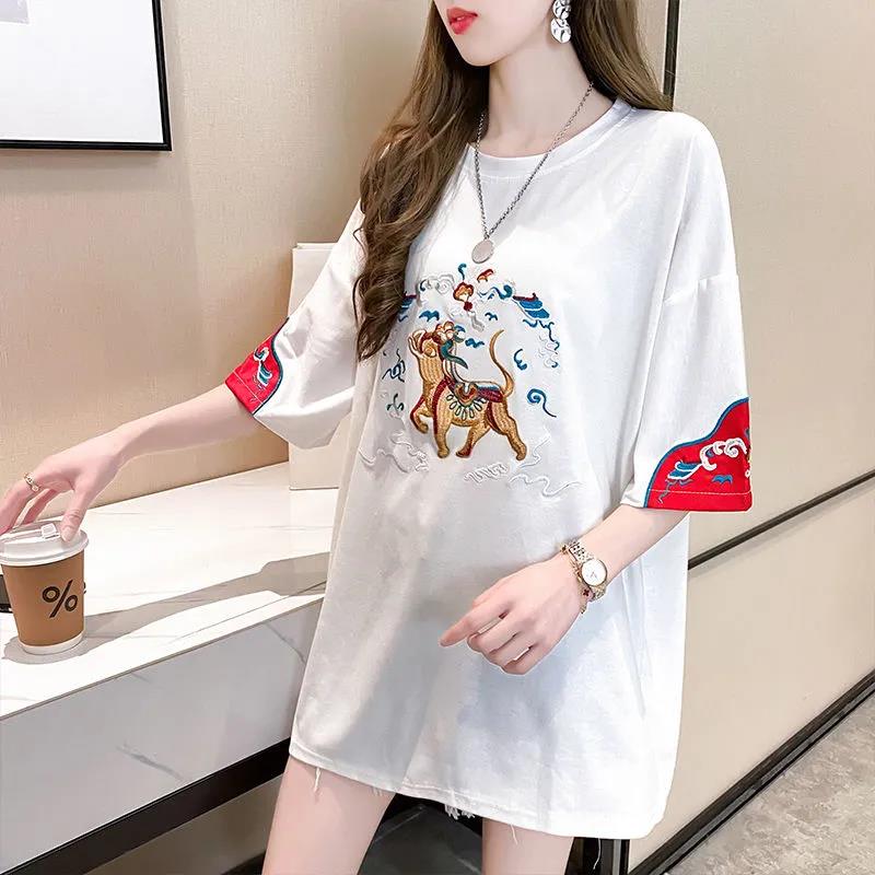 Chinese Style Embroidery Round Neck T-shirt Summer Loose Breathable Women's Tops Ladies Basic Tee Shirt