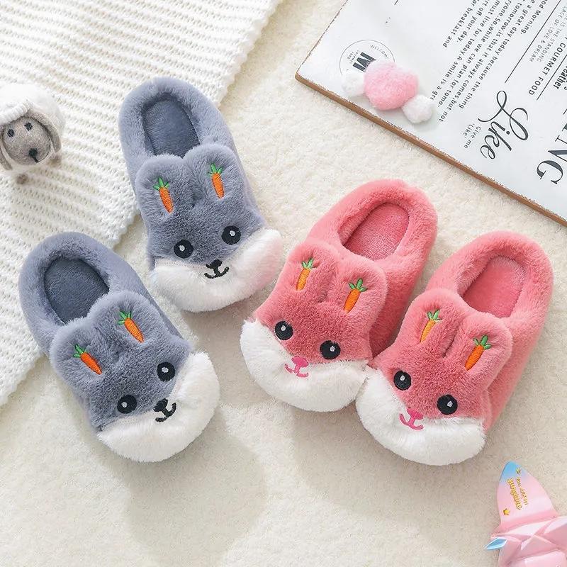 Winter Kids Slippers Cartoon Cute Rabbit Sliders Shoes for Boys Girls Toddler Slippers Plush Soft Fur Cotton Home Indoor Furry Children Baby Slippers