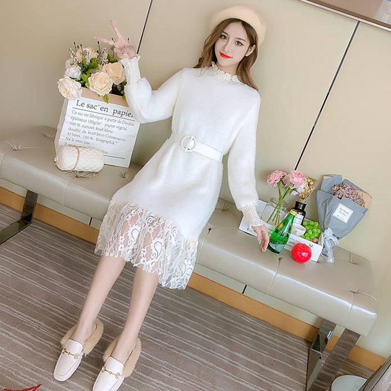 Autumn and Winter Half High Neck Dress Mid-length Lace Stitching Base Temperament Female Sweater Skirt