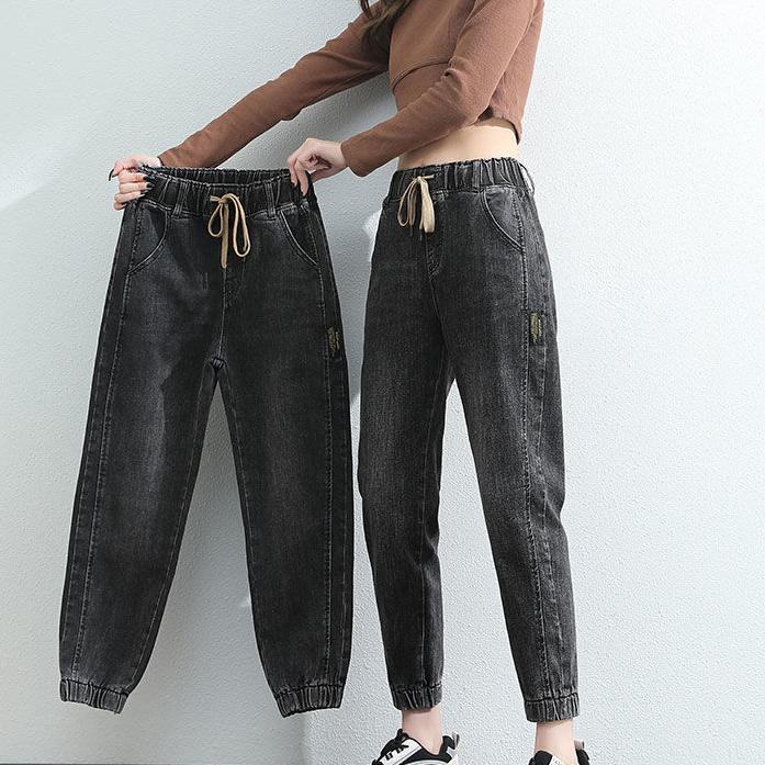 Women Spring and Autumn Large Size Streetwear Cropped Jeans Loose Solid Color High Waist Elastic Casual Jeans