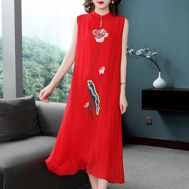 Temperament Embroidery Noble Cheongsam Sleeveless Vest Chiffon Dress 2021 Summer