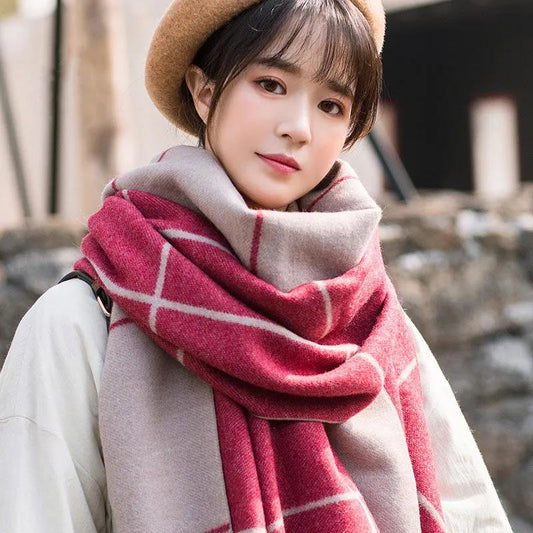 Winter Imitation Cashmere Scarf Korean Fashion Fringed Plaid Scarf Women's Dual-use Lengthened Thick Shawl Scarf