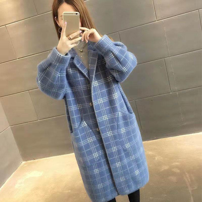 Spring and Autumn Mid-length Plaid Imitation Mink Velvet Coat Women Loose Thick Knit Sweater Coat Women