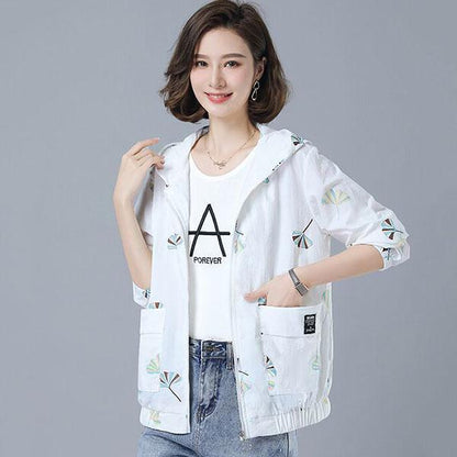 Women's Spring Summer Plus Size Loose Thin Coats Autumn Long Sleeve Print Hooded Sun Protection Jackets