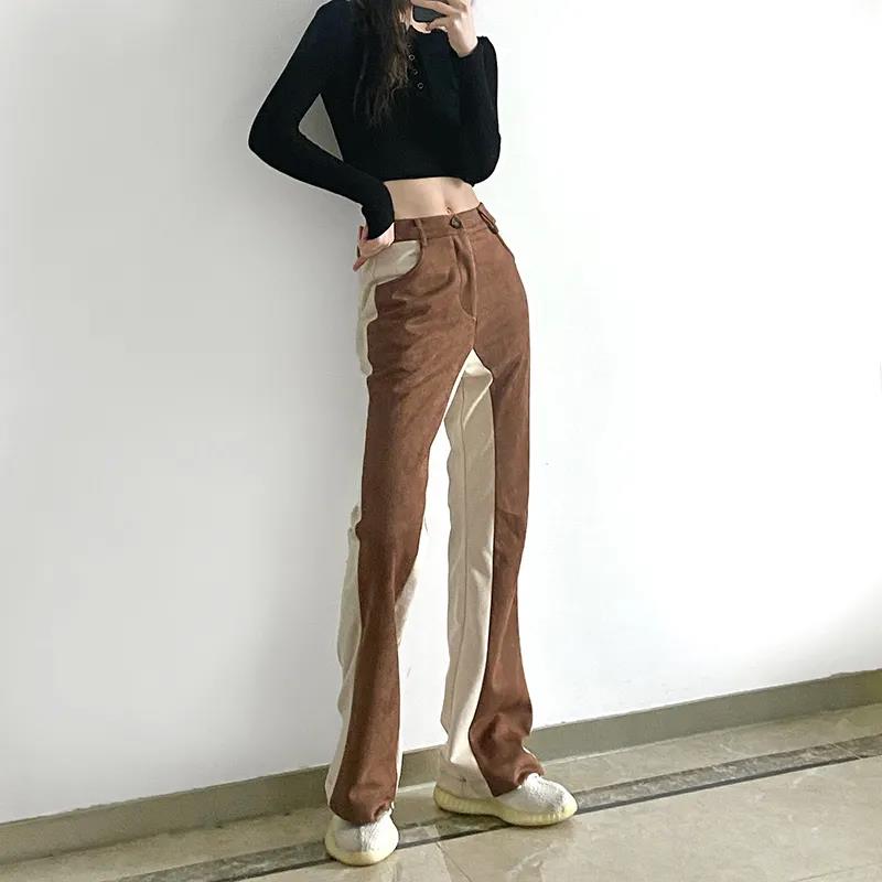 American Retro Wind Strike Color Splicing High Waist Casual Trousers Female Autumn and Winter Loose Straight Jeans Thin Wild