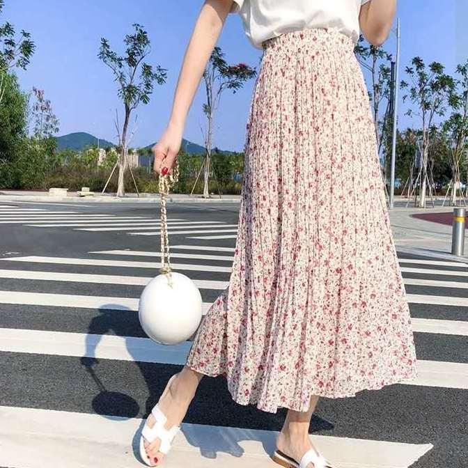 Floral Print Pleated Midi Skirt Women Elastic High Waist Skirts Spring Summer 2020 Elegant Female