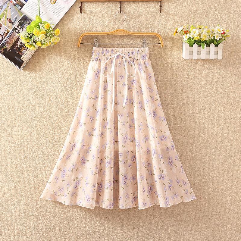 Women's Elastic Waist Pleated Floral Skirt Summer  High Waist Mid-length A-line Draping Chiffon Fairy Dress