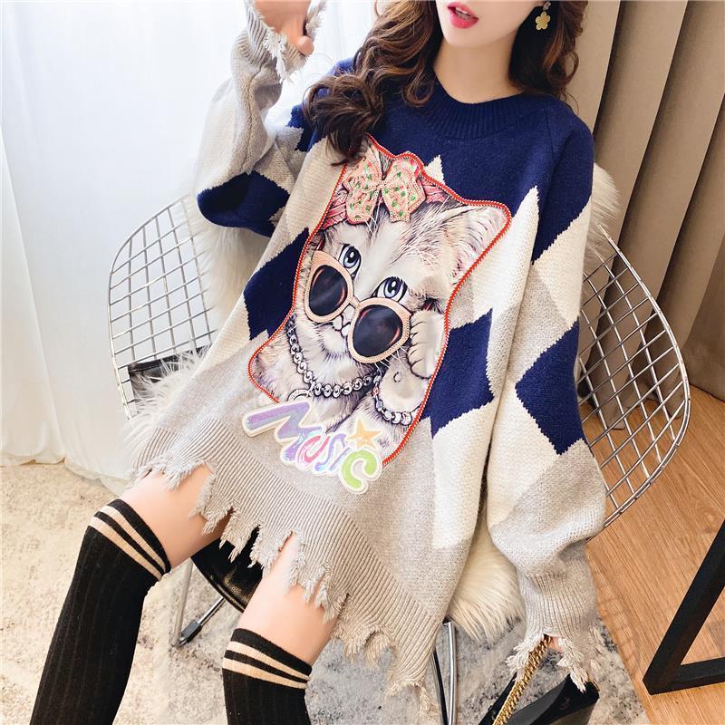 Autumn Winter Cartoon Print Tassel Sweater Women Mid-length Pullover Knitwear Loose Casual  Jumper Outer Wear