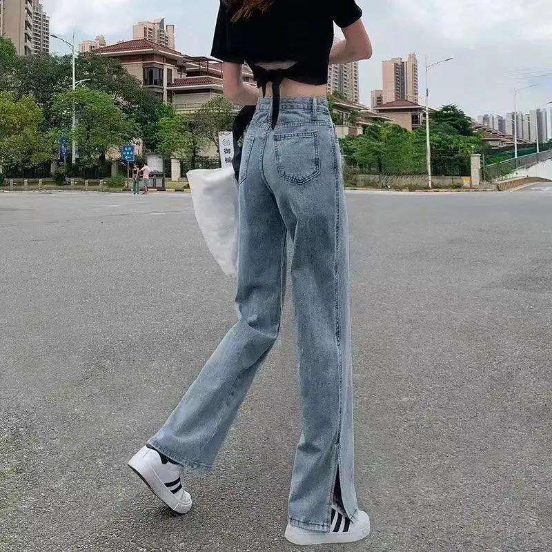 Women Spring Summer Long Jeans Vintage Wide Leg Loose High Waist Light Blue Straight Casual Denim Split Pants