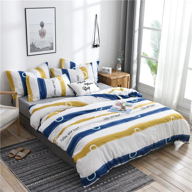 3/4 Pcs Bedding Set Simple Stripes Cotton Printed Bed Sheet Bed Cover Home Textile Bedclothes