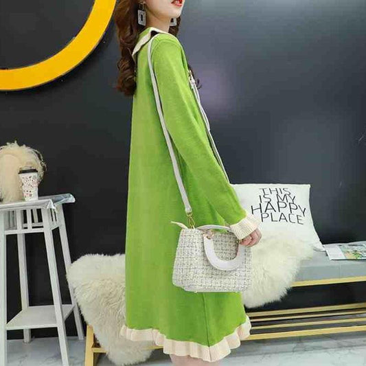 Autumn and Winter Avocado Green Base Skirt Mid-length Loose Casual Dress Fashion Knitted Sweater Dress for Women