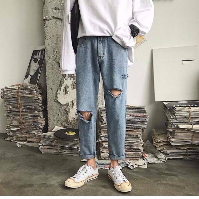 WTEMPO Woman's Jeans High Waist Torn Jeans Wide Leg Denim Clothing Blue Street Clothing Vintage Pants