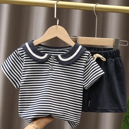 Summer Korean Short Sleeve Children's Suit Boys' and Girls' 0-4-year-old Turn-down Neck Striped T-shirt Shorts Two-piece Children's Suit