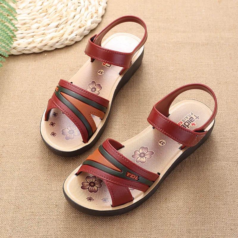 Sandals Non-slip Deodorant Women's Flat Velcro Beach Shoes Fashion Outerwear Ladies Middle-aged and Elderly Summer Shoes