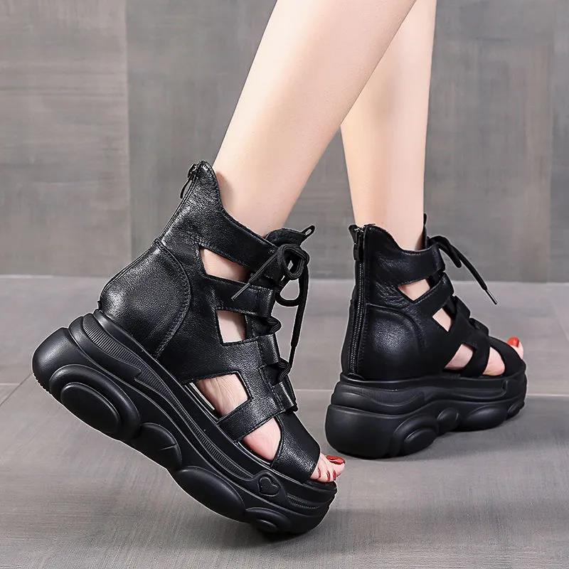 Fish Mouth Sandals Fashion Women's Boots with Increased Slope Heels Summer All-match Thick-soled Sponge Cake Roman Beach Shoes