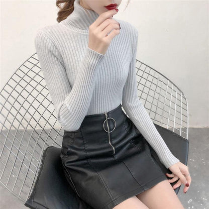 Warm Jacket High Collar Sweater Slim Thick Autumn and Winter Solid Color Sweater Female Students