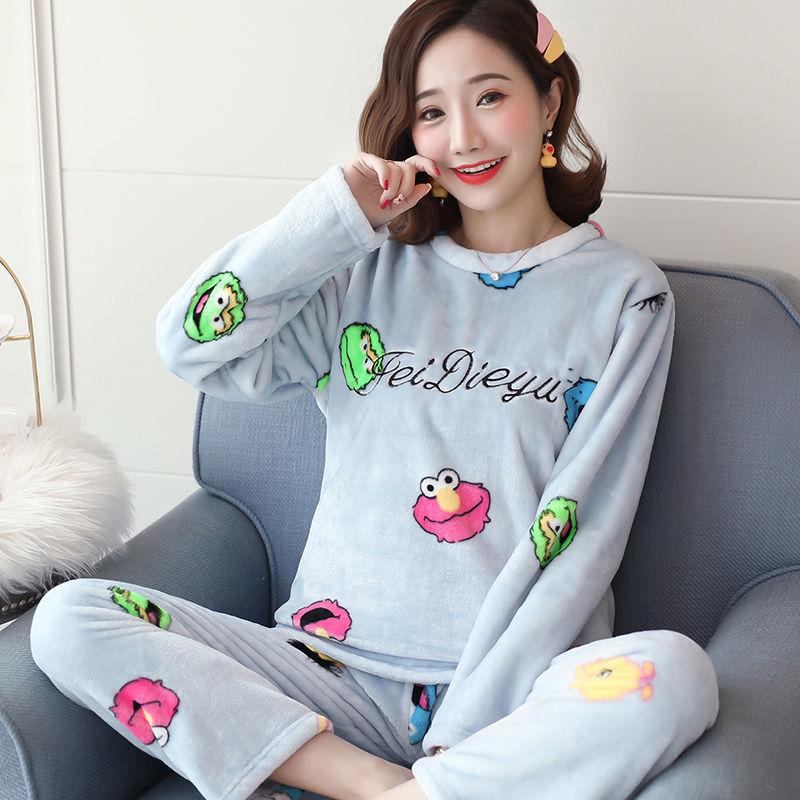 Pajamas Women's Flannel Soft Fabric Cute Card Thickening Plus Velvet Long-sleeved Warm Hood Home Service Suit Can Be Washed