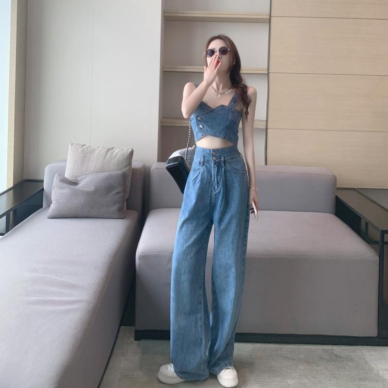 2PCS Denim Suit Women's Short Small Camisole Tube Top Top + Mopping Trousers High Street Two-piece Elegant Ladies Suit