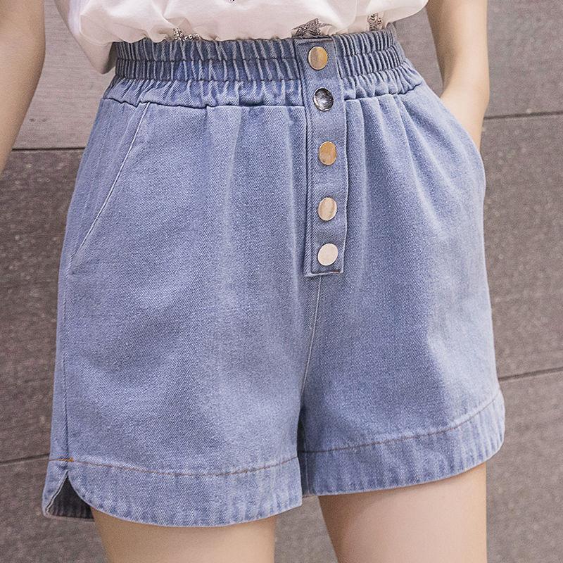 WTEMPO Spring and Summer Girl Women Denim Shorts Big Pocket Elastic Waist Loose  A-line Thin Casual Jeans Wide Leg