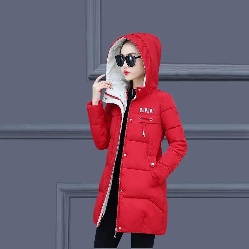 Winter Parkas for Women Mid-length Cotton Women's Down Coats Letter Print Jacket Hooded Medium Long Warm Thickning Coats Female Slim Outerwear