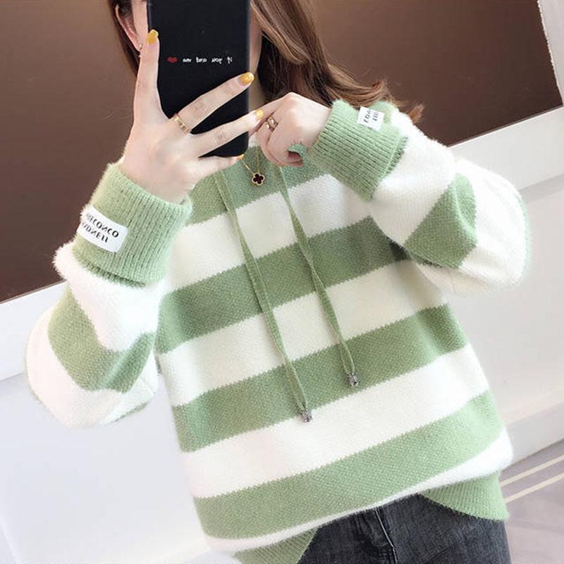 Autumn  Winter Thick Color-blocking Striped Pullover Sweater Women Imitation Mink Sweater Women Mohair Hooded Sweater Outwear