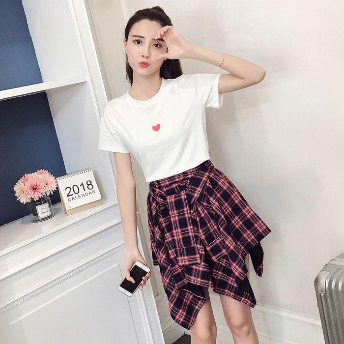 Women Summer Casual Suit Skirt Female Vintage Short Sleeve T-shirt Two High Waist Irregular Lattice Skirt Set