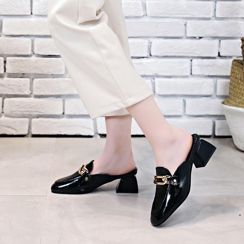 Size 35-39 Women All-match Shiny PU Leather Slippers Outdoor Diamond High Heels Bohemian Beach Wear-resistant Non-slip Thick Heel Sandals