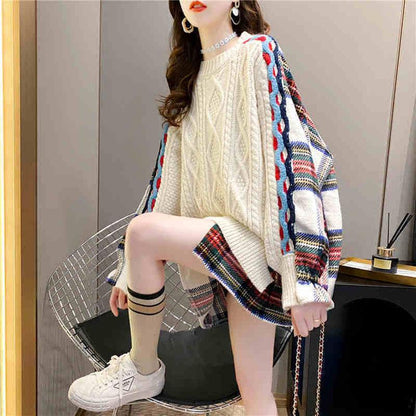 Women Fake Two-piece Sweater Loose Casual Patchwork Knitted Pullover Sweater Top Students Outwear Autumn Winter